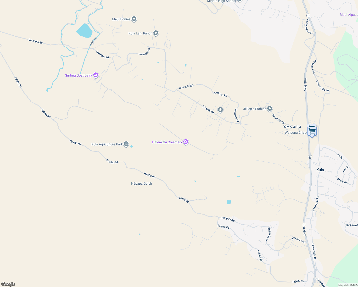 map of restaurants, bars, coffee shops, grocery stores, and more near 158 Hoomaikai Place in Kula
