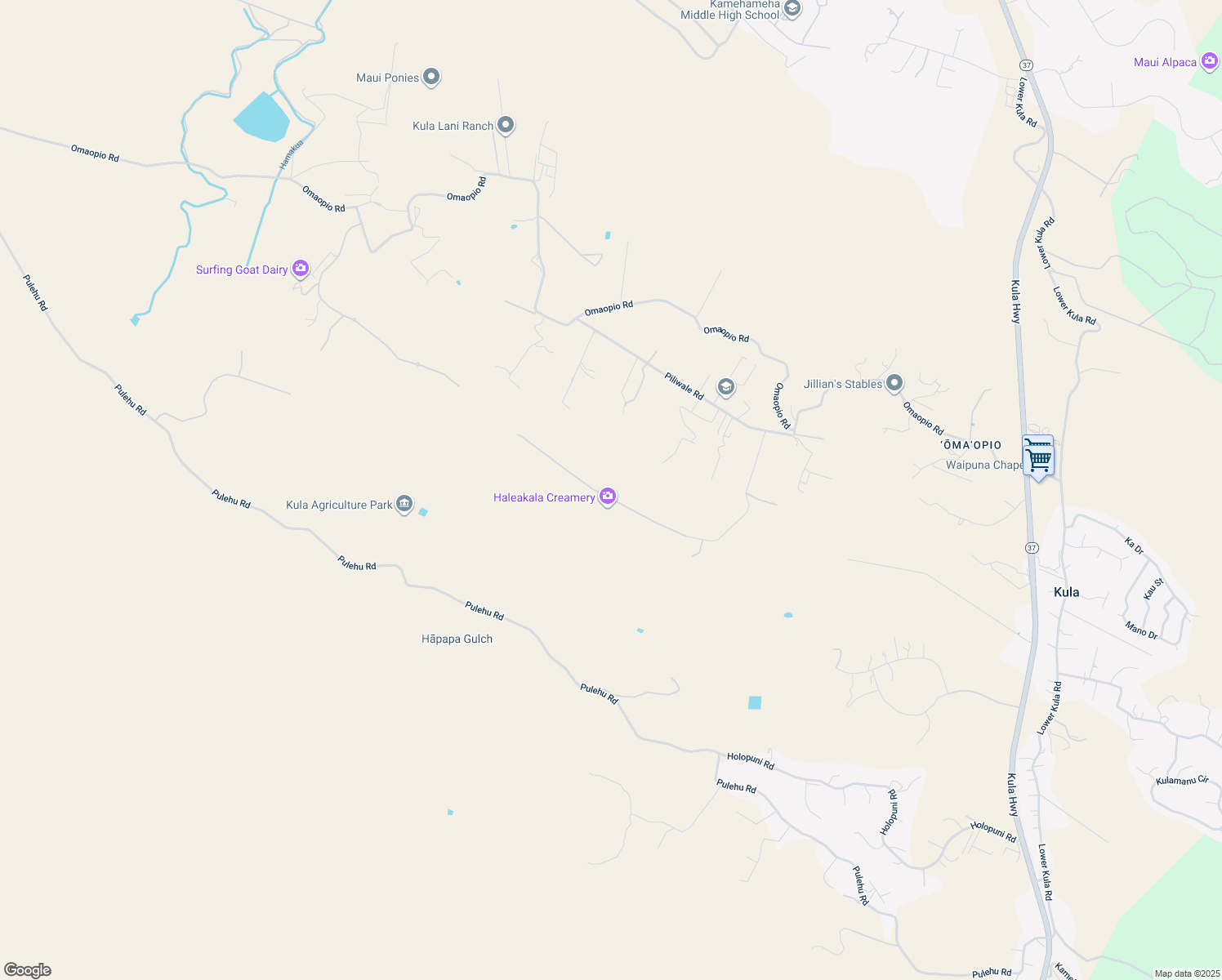 map of restaurants, bars, coffee shops, grocery stores, and more near Hoomaikai Place in Kula