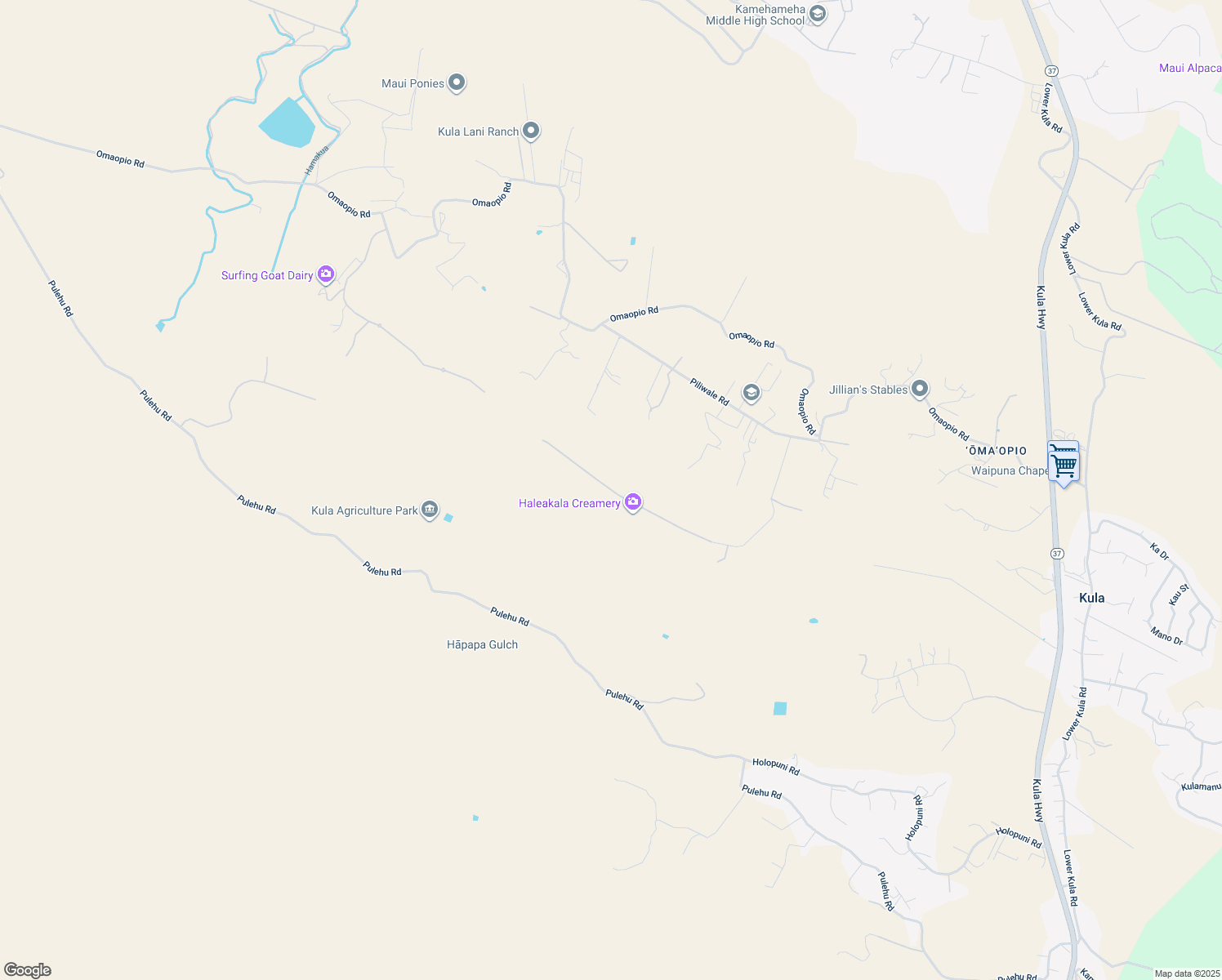 map of restaurants, bars, coffee shops, grocery stores, and more near 157 Hoomaikai Place in Kula