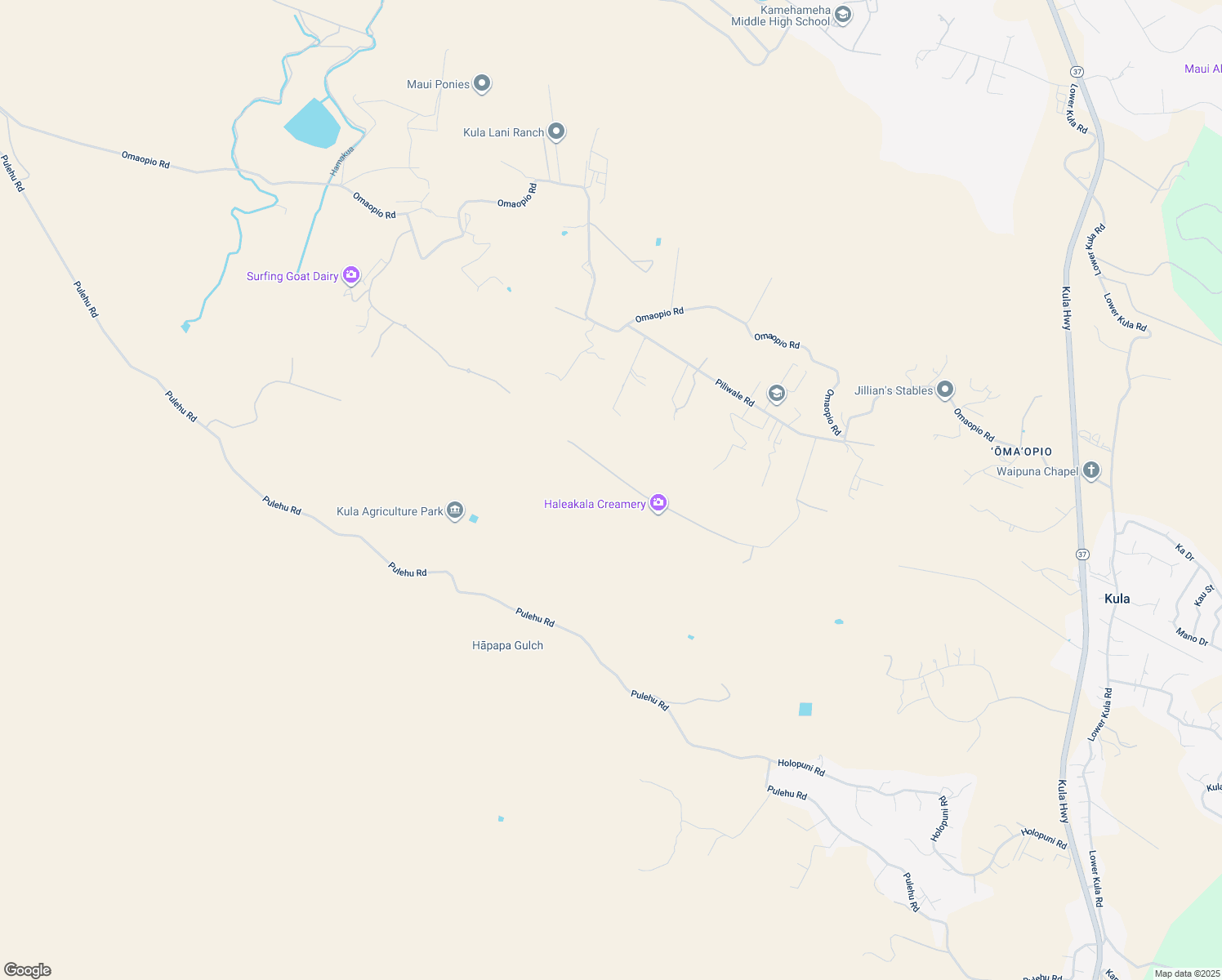 map of restaurants, bars, coffee shops, grocery stores, and more near 154 Hoomaikai Place in Kula