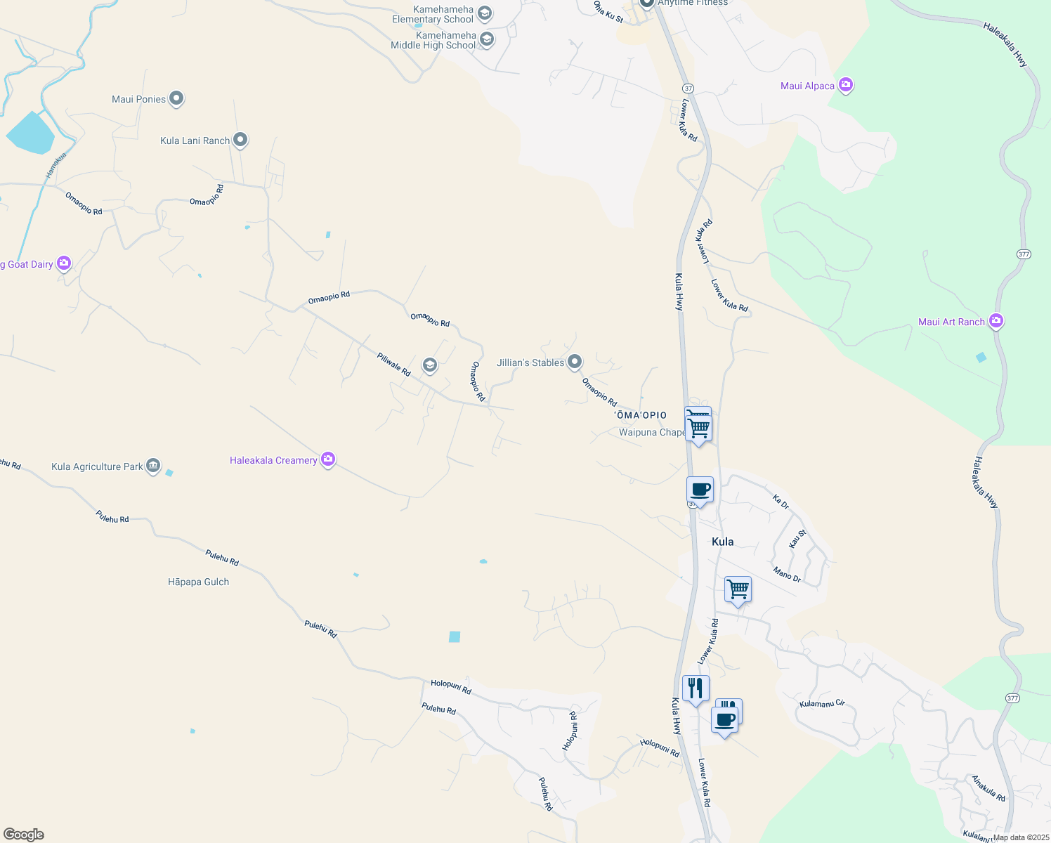 map of restaurants, bars, coffee shops, grocery stores, and more near 3 Piliwale Road in Kula