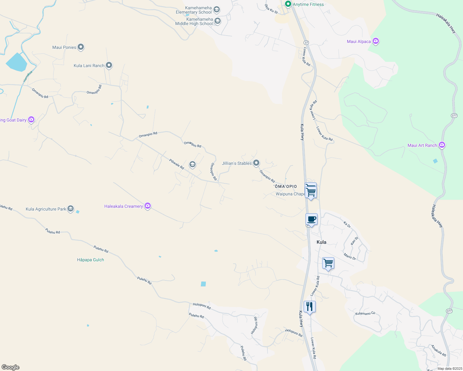 map of restaurants, bars, coffee shops, grocery stores, and more near 3 Piliwale Road in Kula