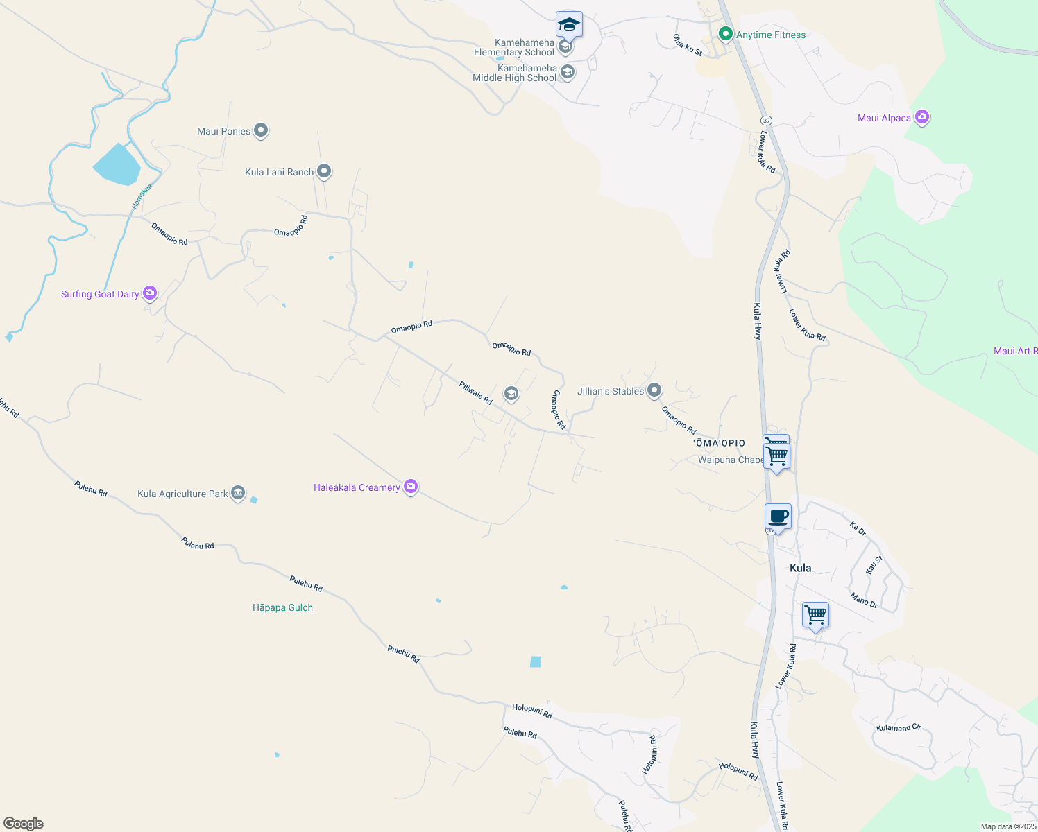 map of restaurants, bars, coffee shops, grocery stores, and more near 248 Piliwale Road in Kula