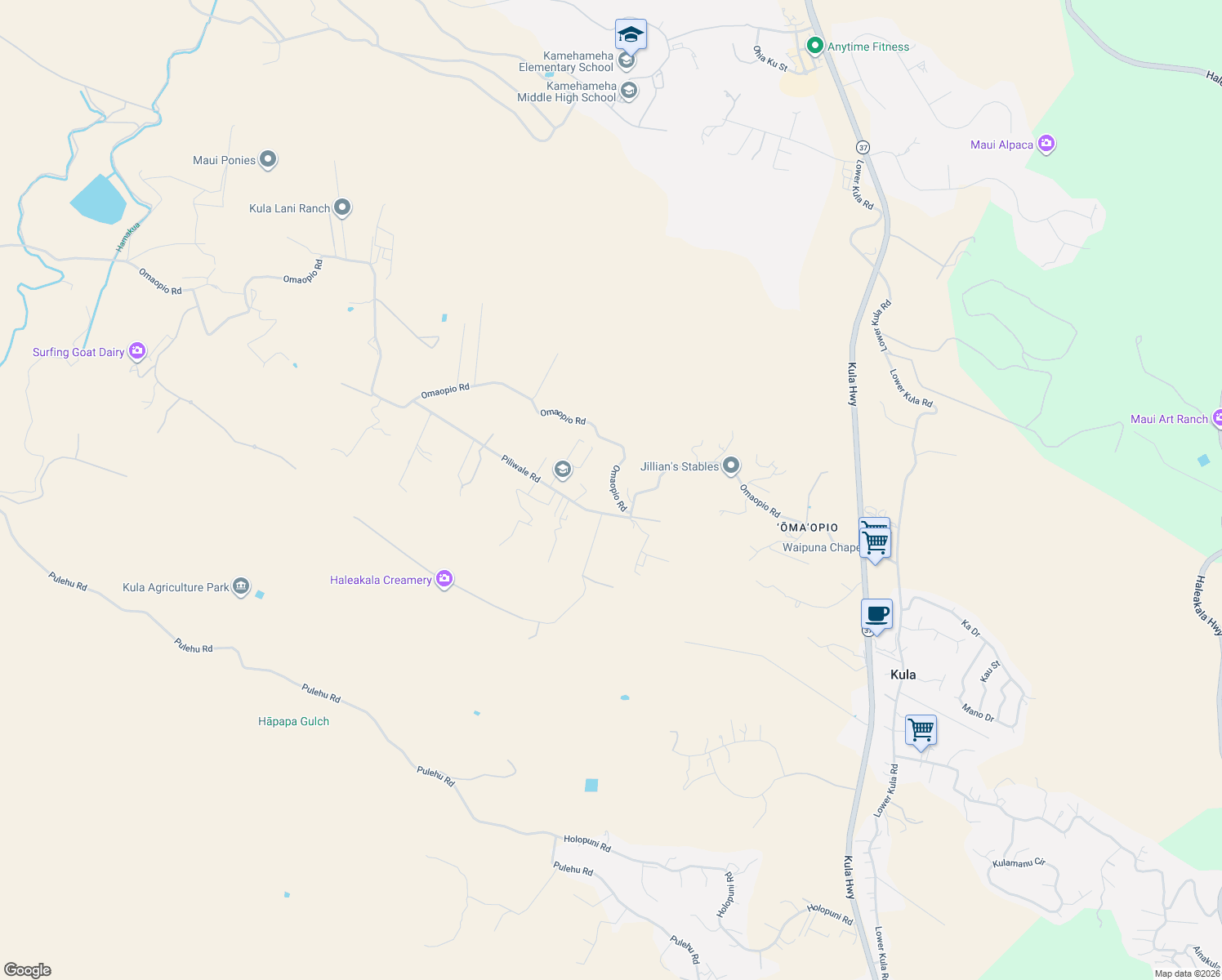 map of restaurants, bars, coffee shops, grocery stores, and more near 1195 Omaopio Road in Kula