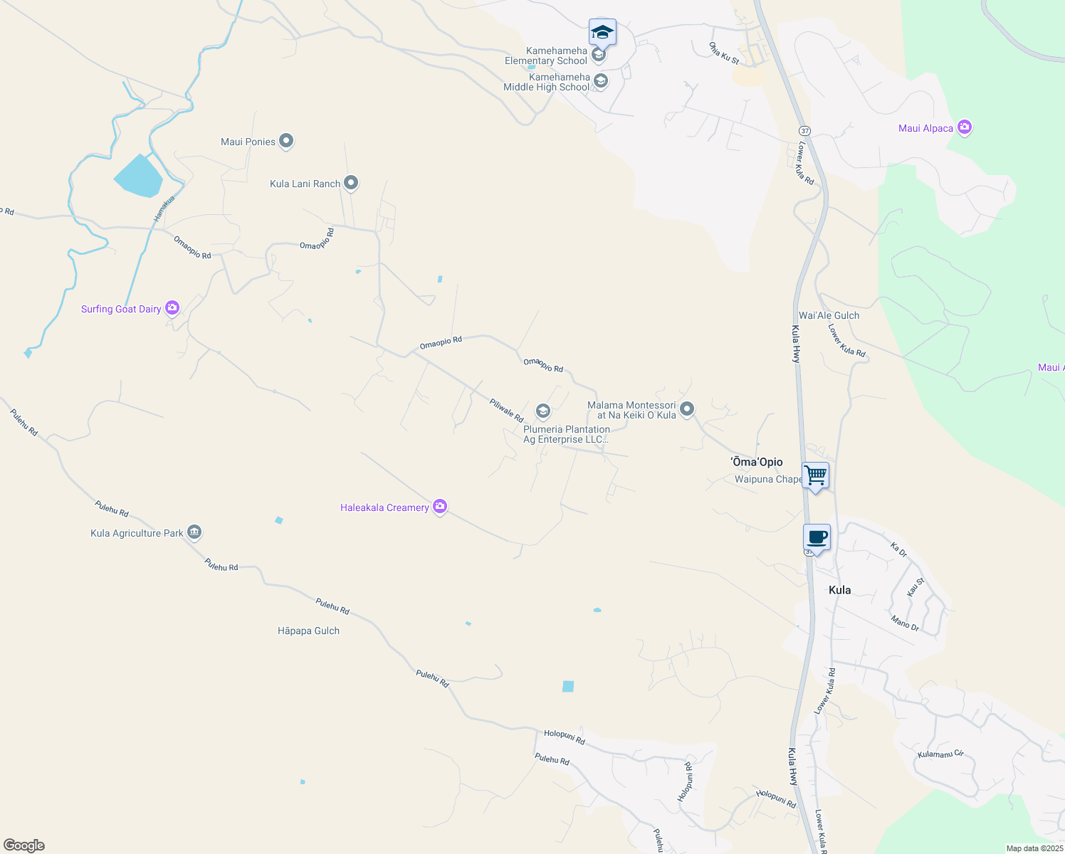 map of restaurants, bars, coffee shops, grocery stores, and more near 115 Piliwale Road in Kula