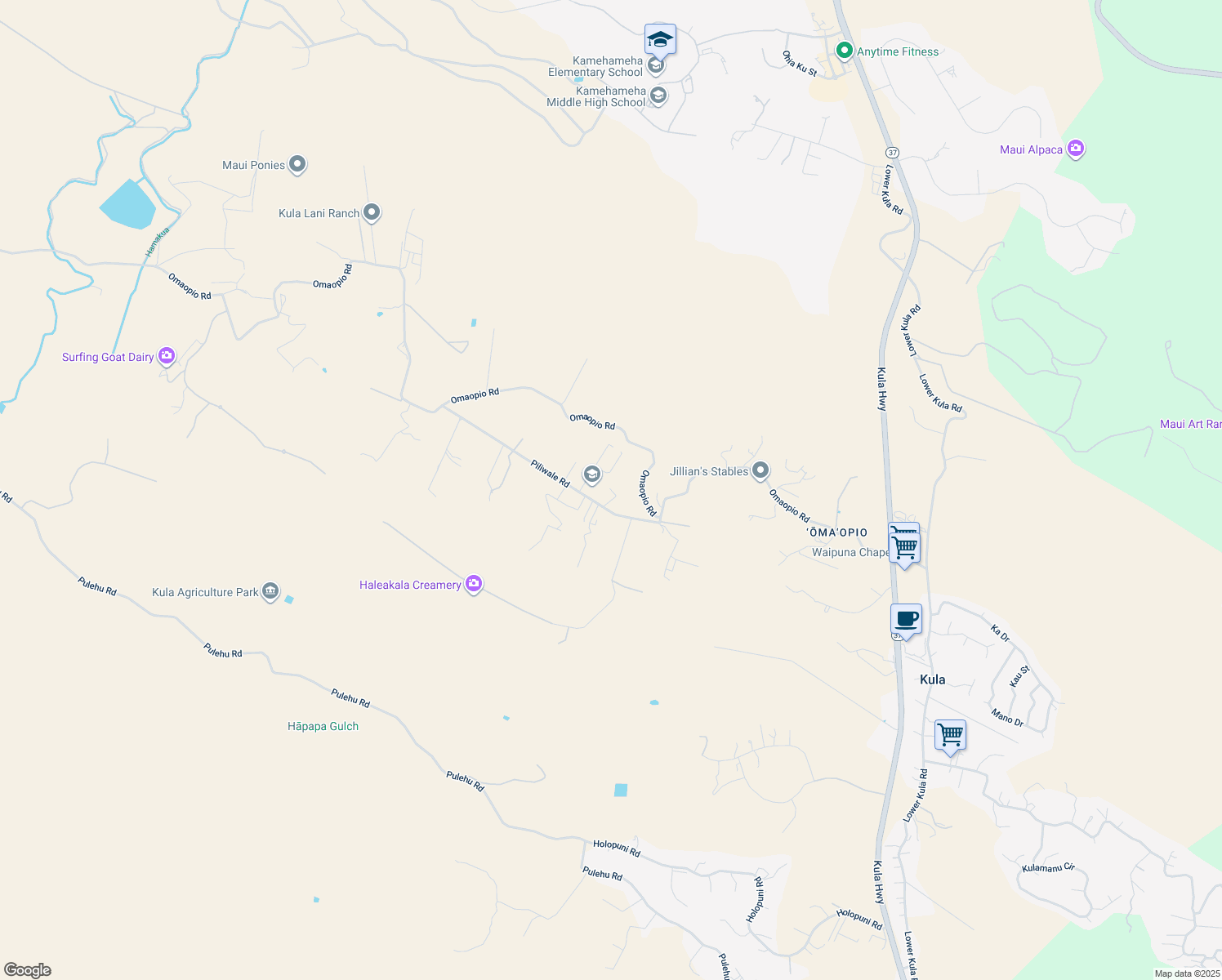map of restaurants, bars, coffee shops, grocery stores, and more near 248 Piliwale Road in Kula