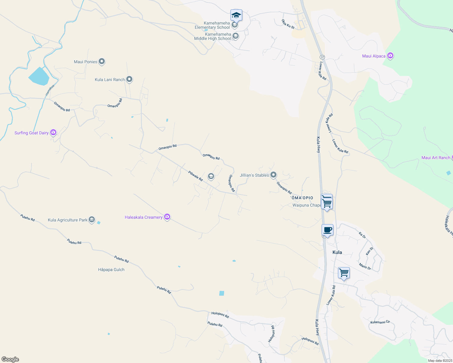 map of restaurants, bars, coffee shops, grocery stores, and more near 1195 Omaopio Road in Kula