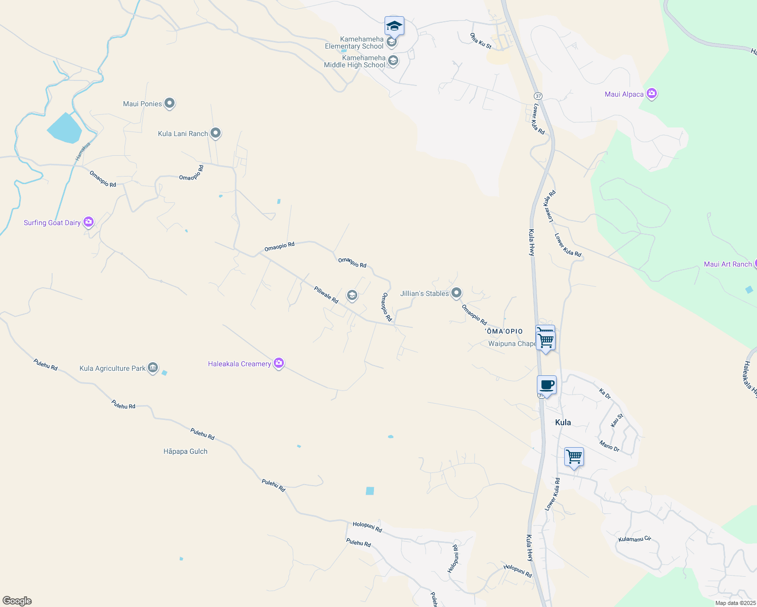 map of restaurants, bars, coffee shops, grocery stores, and more near 1195 Omaopio Road in Kula