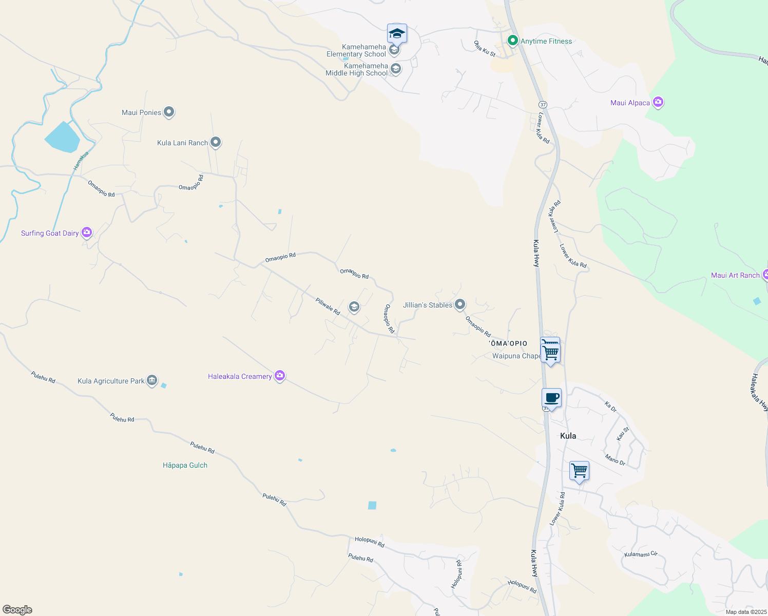 map of restaurants, bars, coffee shops, grocery stores, and more near 1311 Omaopio Road in Kula