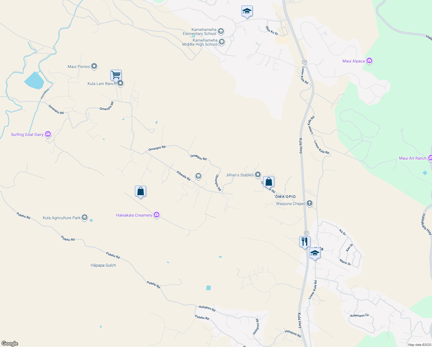 map of restaurants, bars, coffee shops, grocery stores, and more near 1311 Omaopio Road in Kula