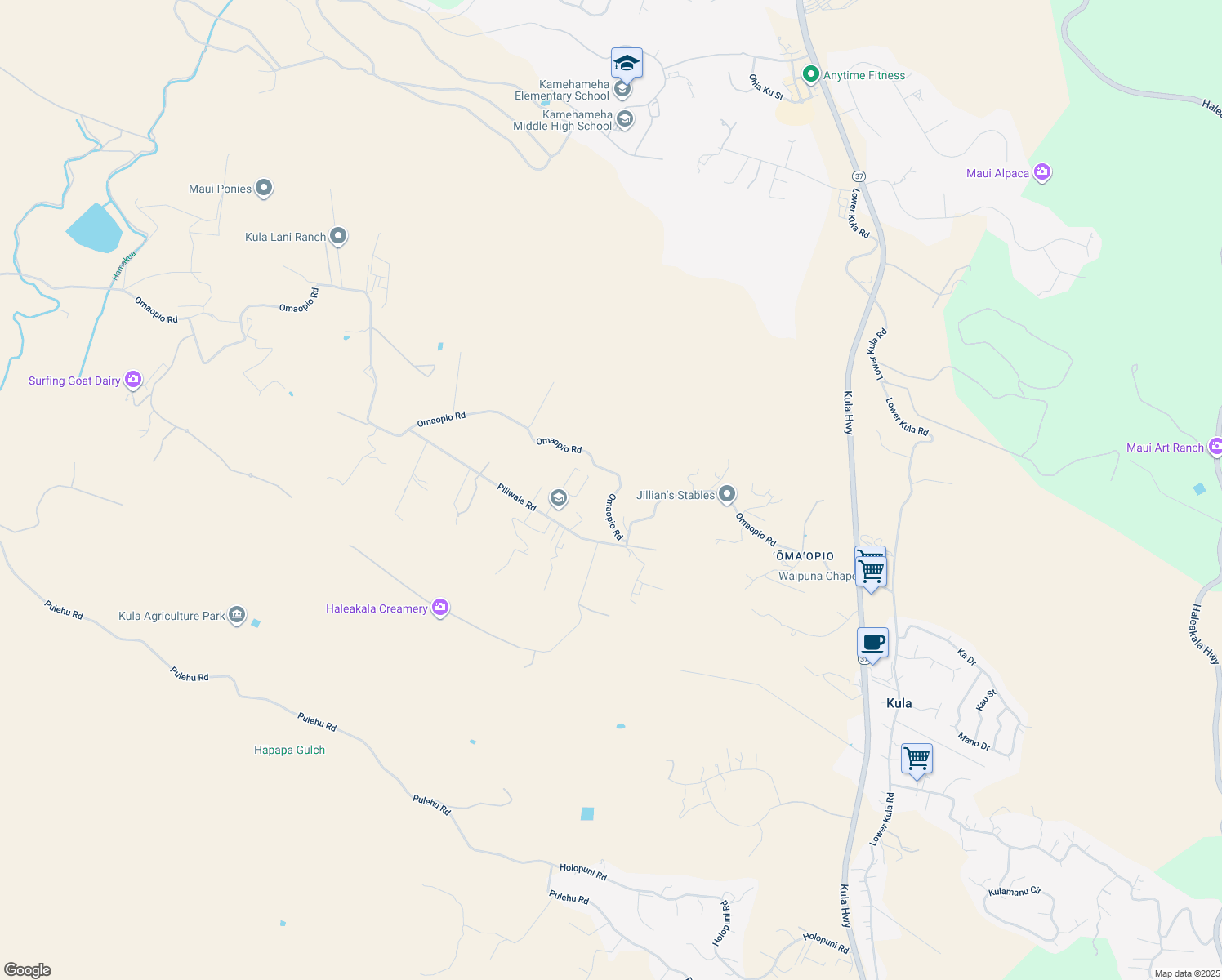 map of restaurants, bars, coffee shops, grocery stores, and more near 1311 Omaopio Road in Kula