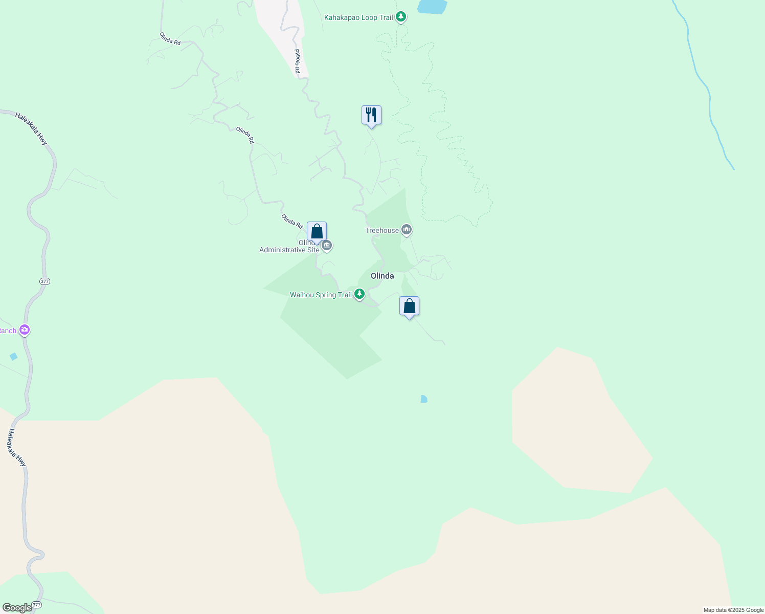 map of restaurants, bars, coffee shops, grocery stores, and more near 2640 Olinda Road in Makawao