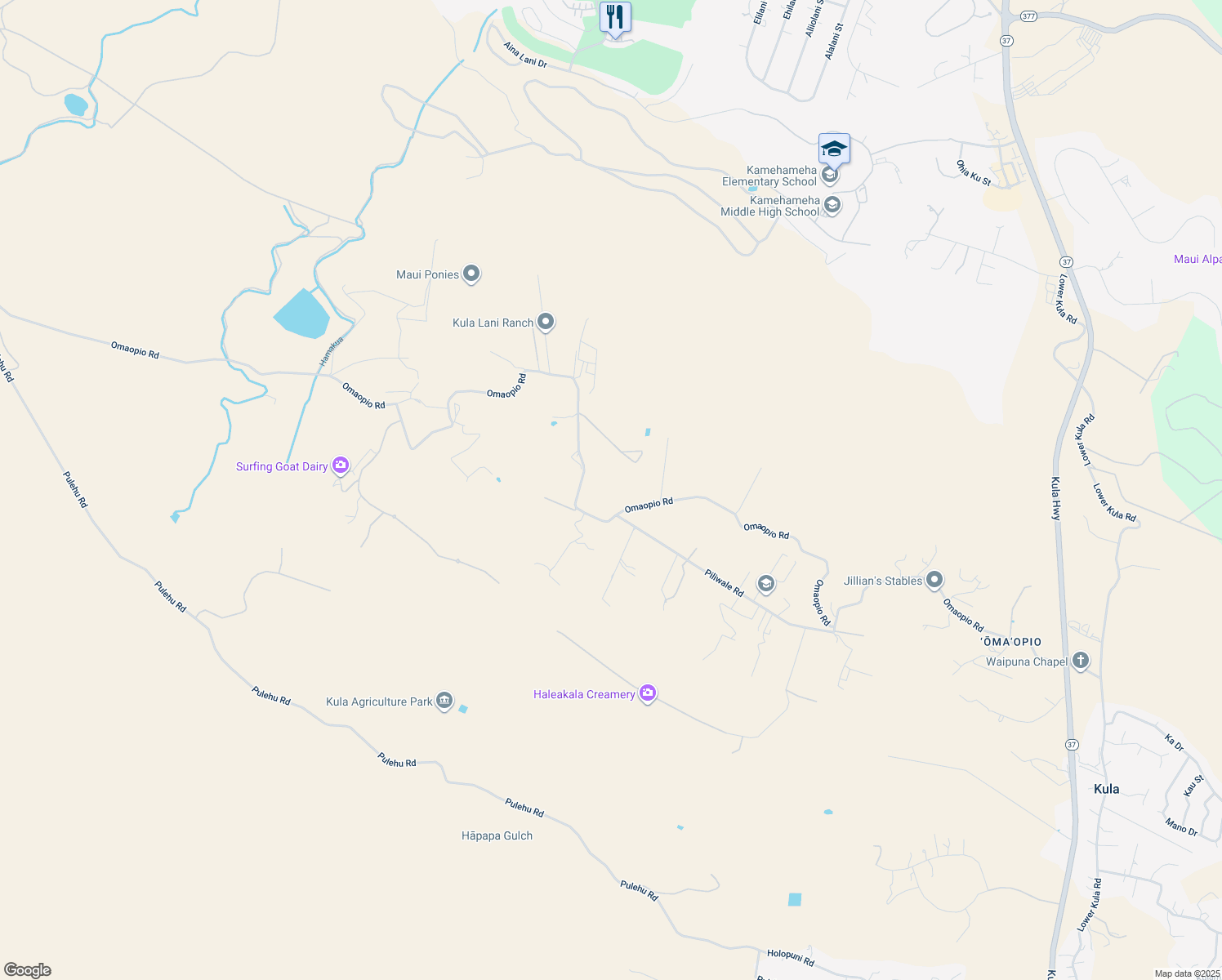 map of restaurants, bars, coffee shops, grocery stores, and more near 2460 Omaopio Road in Kula