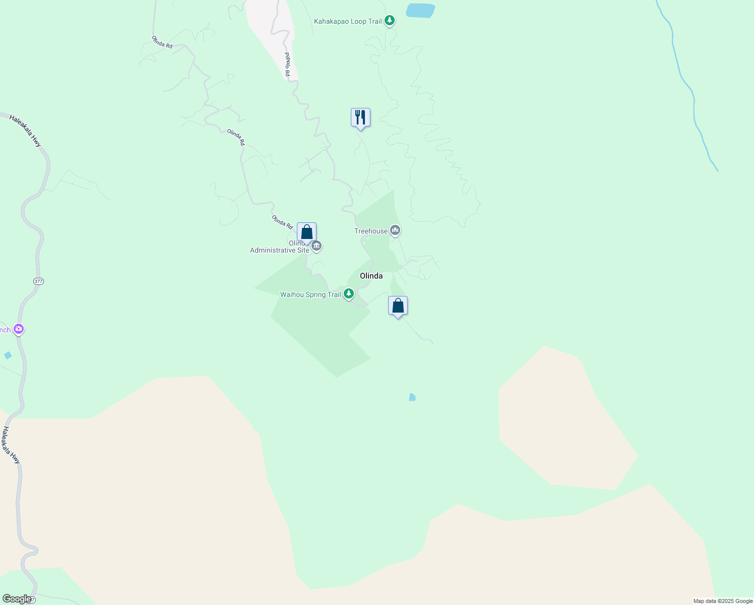 map of restaurants, bars, coffee shops, grocery stores, and more near 2640 Olinda Road in Makawao