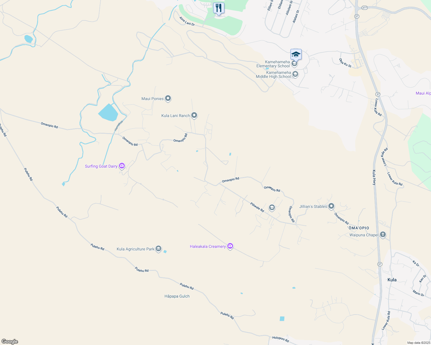 map of restaurants, bars, coffee shops, grocery stores, and more near 2460 Omaopio Road in Kula