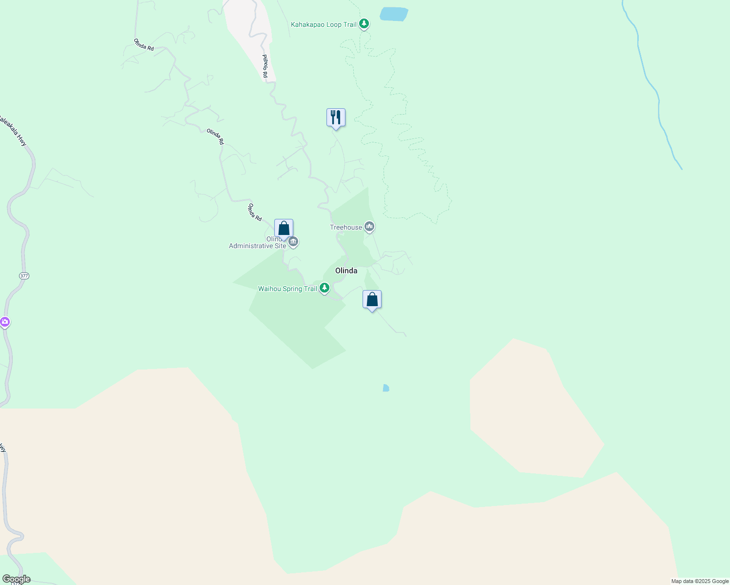 map of restaurants, bars, coffee shops, grocery stores, and more near 2645 Olinda Road in Makawao
