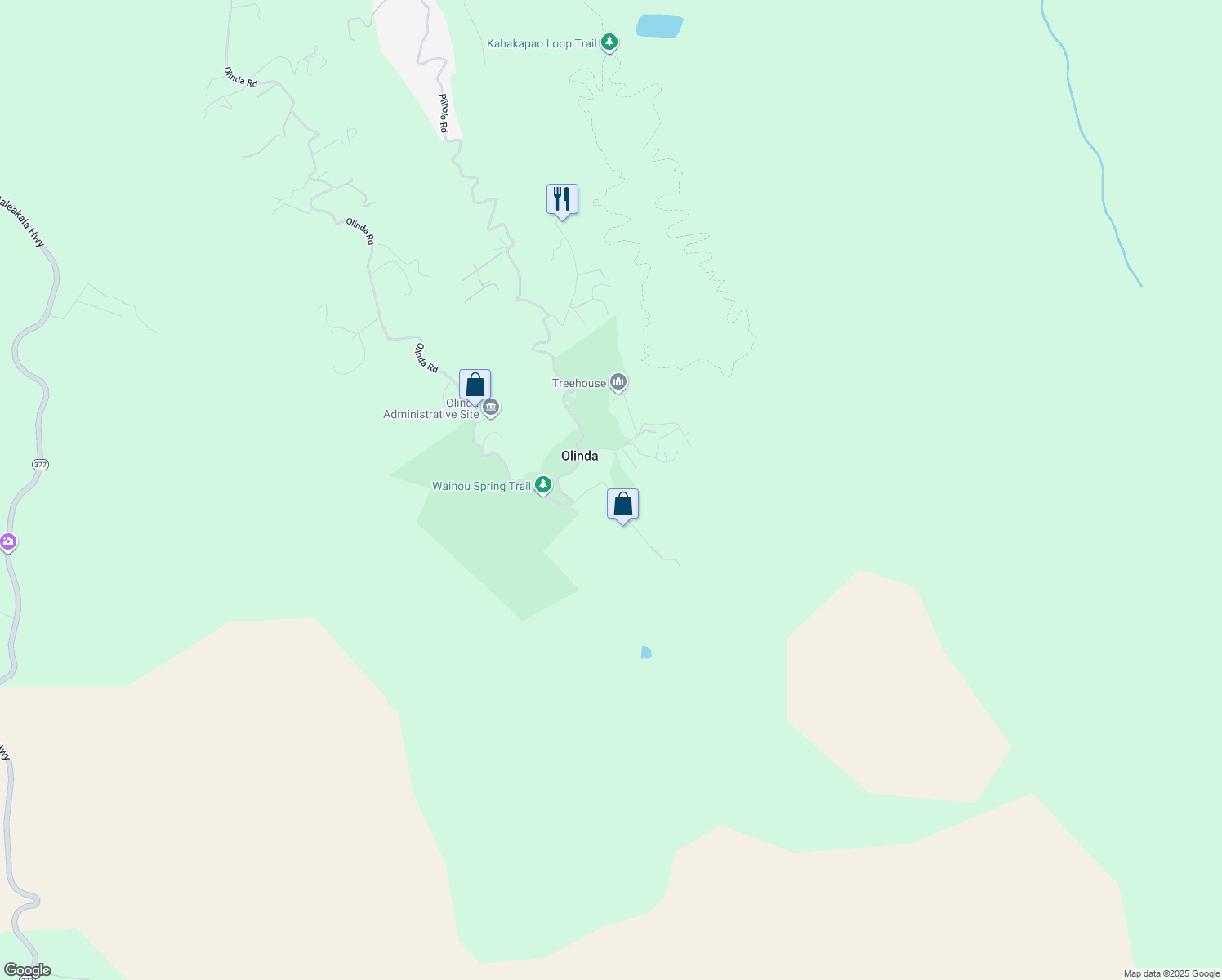 map of restaurants, bars, coffee shops, grocery stores, and more near 2645 Olinda Road in Makawao