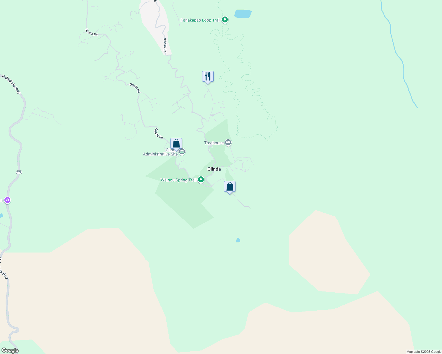 map of restaurants, bars, coffee shops, grocery stores, and more near 2611 Olinda Road in Makawao