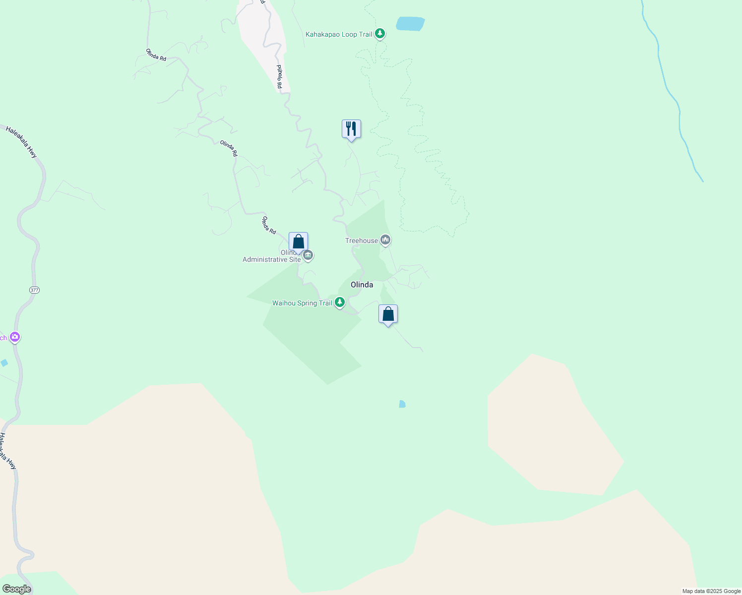 map of restaurants, bars, coffee shops, grocery stores, and more near 2611 Olinda Road in Makawao