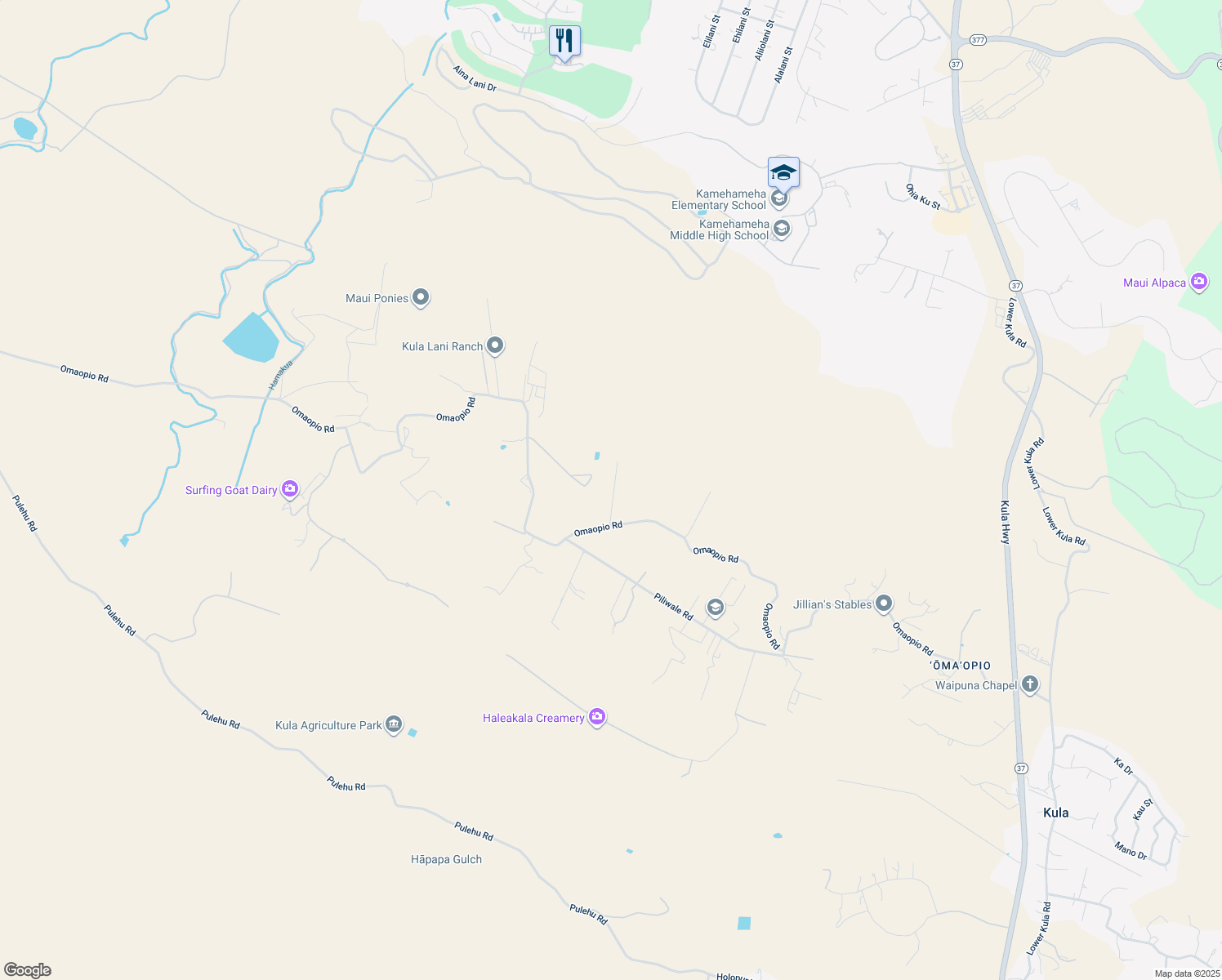 map of restaurants, bars, coffee shops, grocery stores, and more near 0 Omaopio Road in Makawao