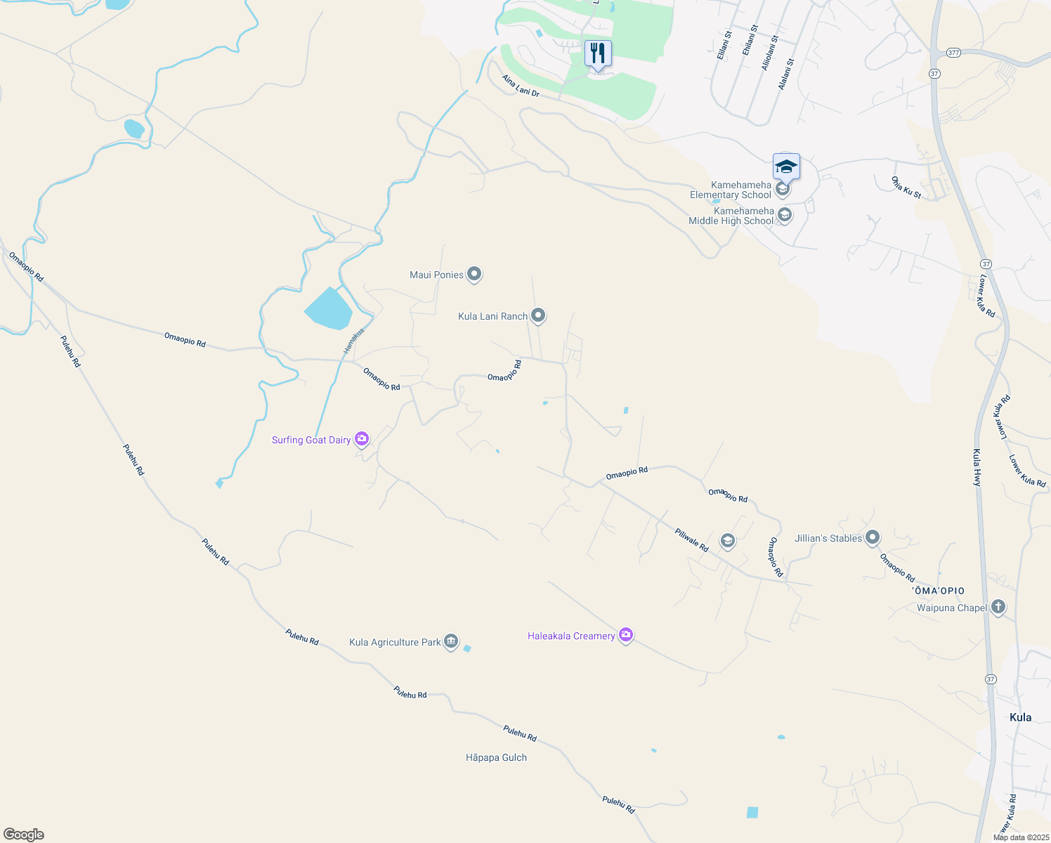 map of restaurants, bars, coffee shops, grocery stores, and more near 0 Omaopio Road in Makawao