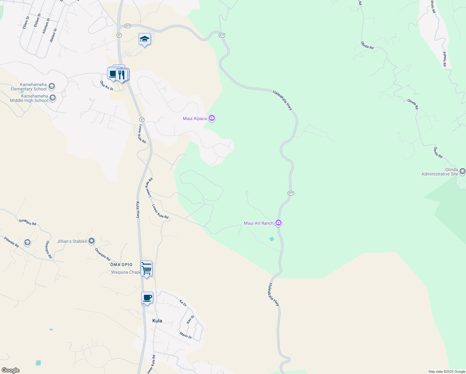 map of restaurants, bars, coffee shops, grocery stores, and more near 13-352 Haleakala Highway in Makawao