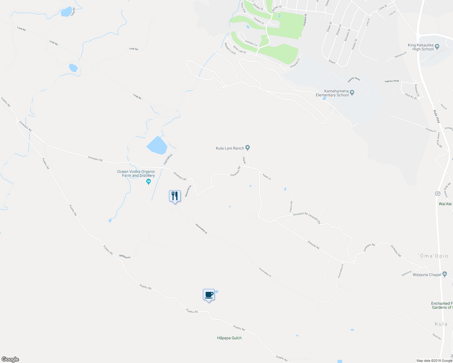 map of restaurants, bars, coffee shops, grocery stores, and more near 3135 Omaopio Road in Kula