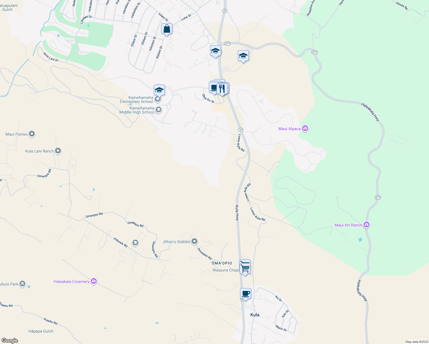 map of restaurants, bars, coffee shops, grocery stores, and more near 0 Kula Highway in Kula