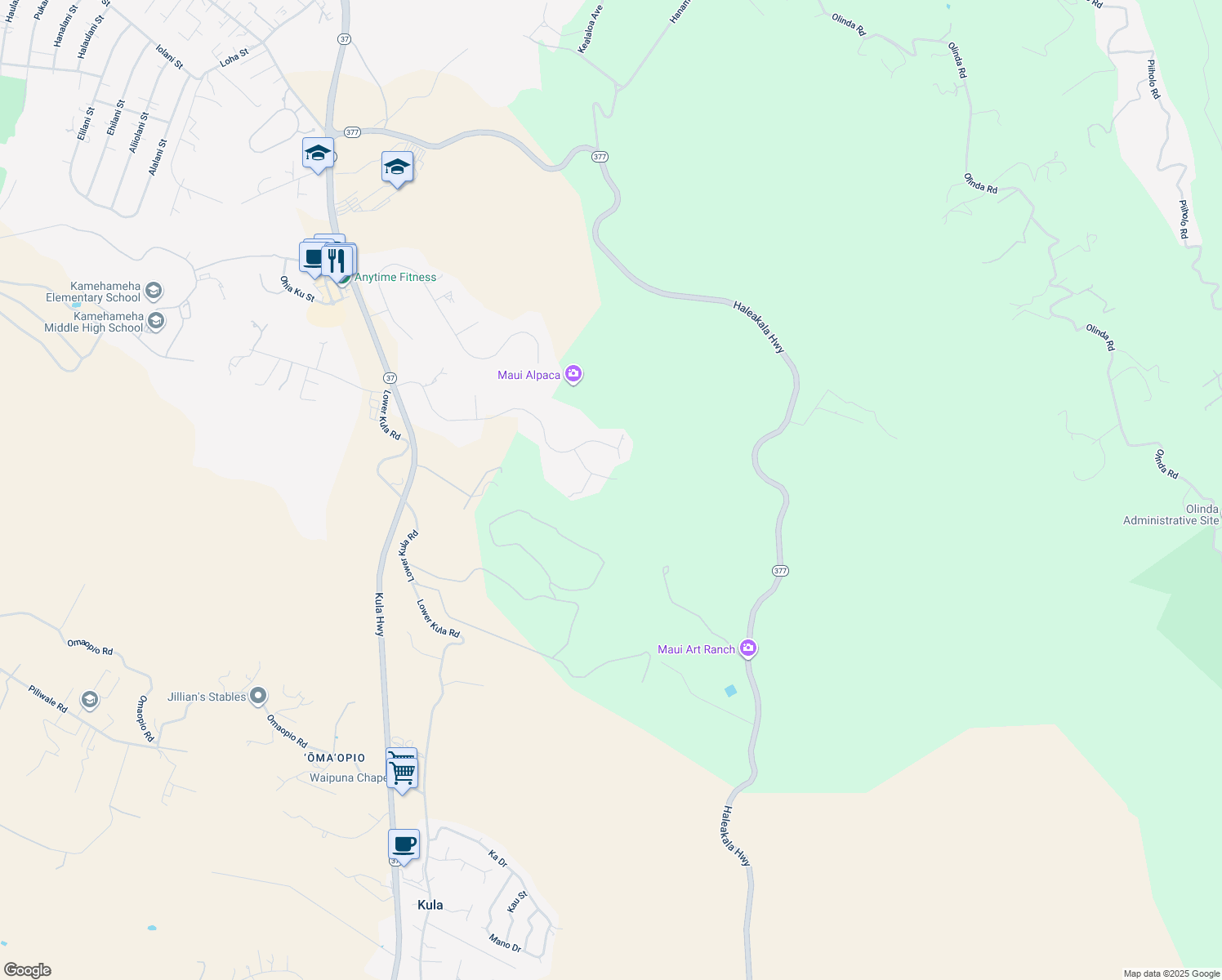 map of restaurants, bars, coffee shops, grocery stores, and more near 90 Alokele Place in Makawao