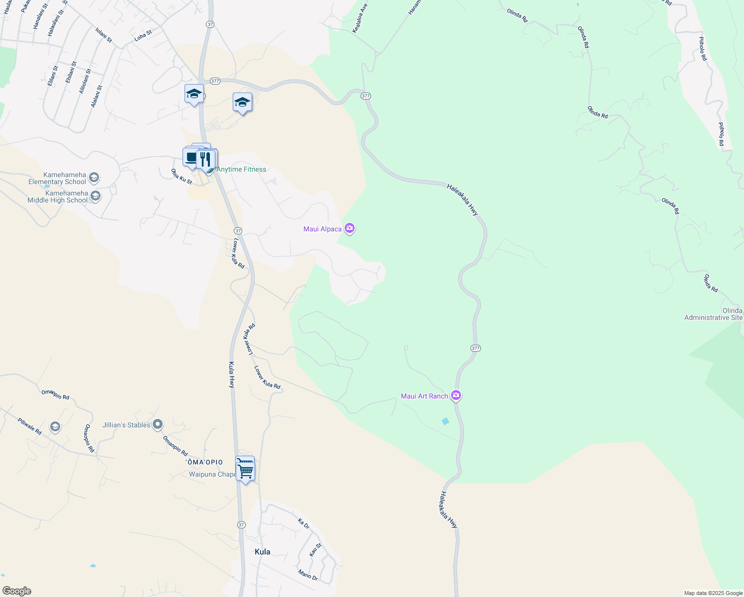map of restaurants, bars, coffee shops, grocery stores, and more near 90 Alokele Place in Makawao