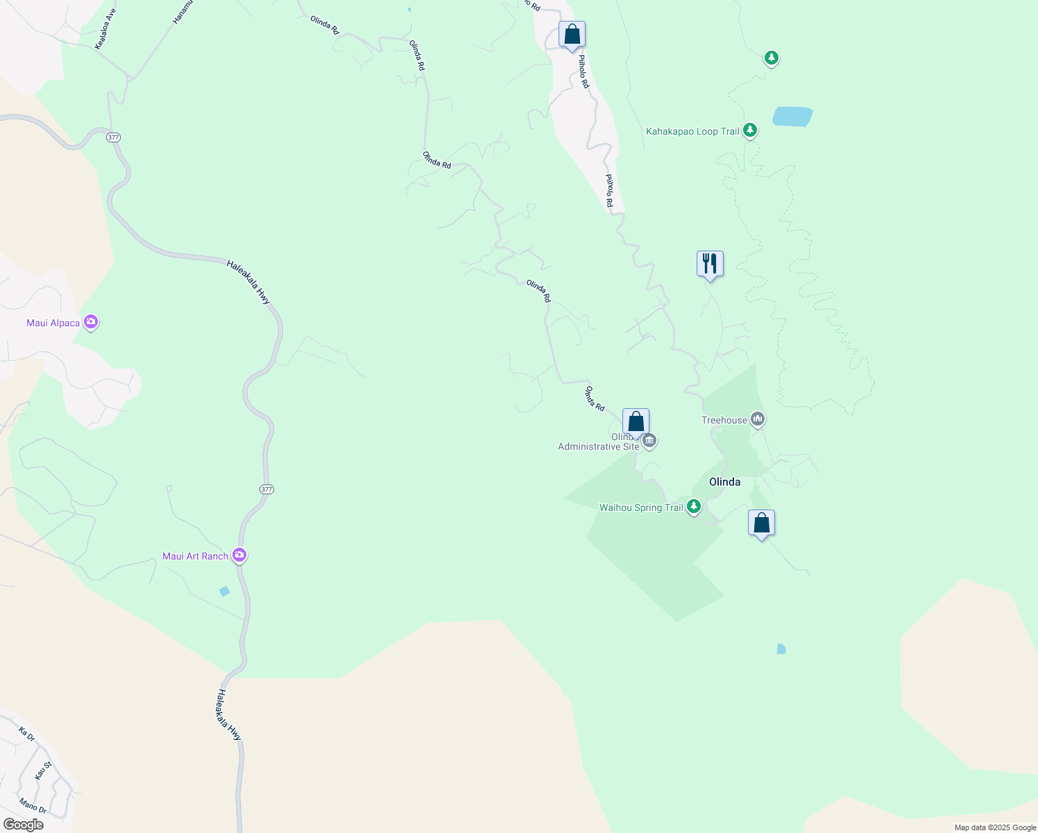 map of restaurants, bars, coffee shops, grocery stores, and more near 2000 Olinda Road in Makawao