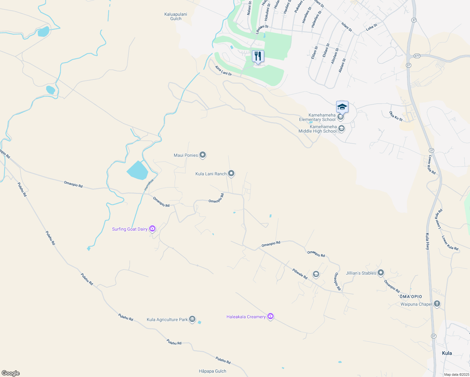 map of restaurants, bars, coffee shops, grocery stores, and more near 2846 Omaopio Road in Kula