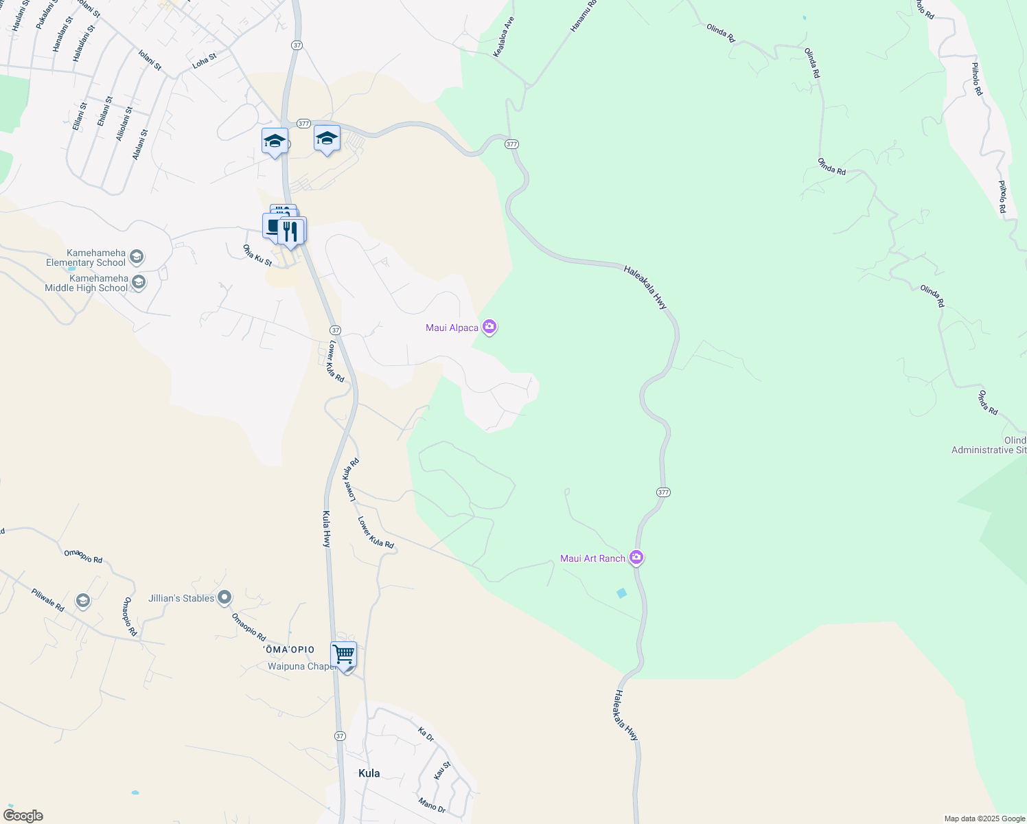 map of restaurants, bars, coffee shops, grocery stores, and more near 79 Alokele Place in Makawao