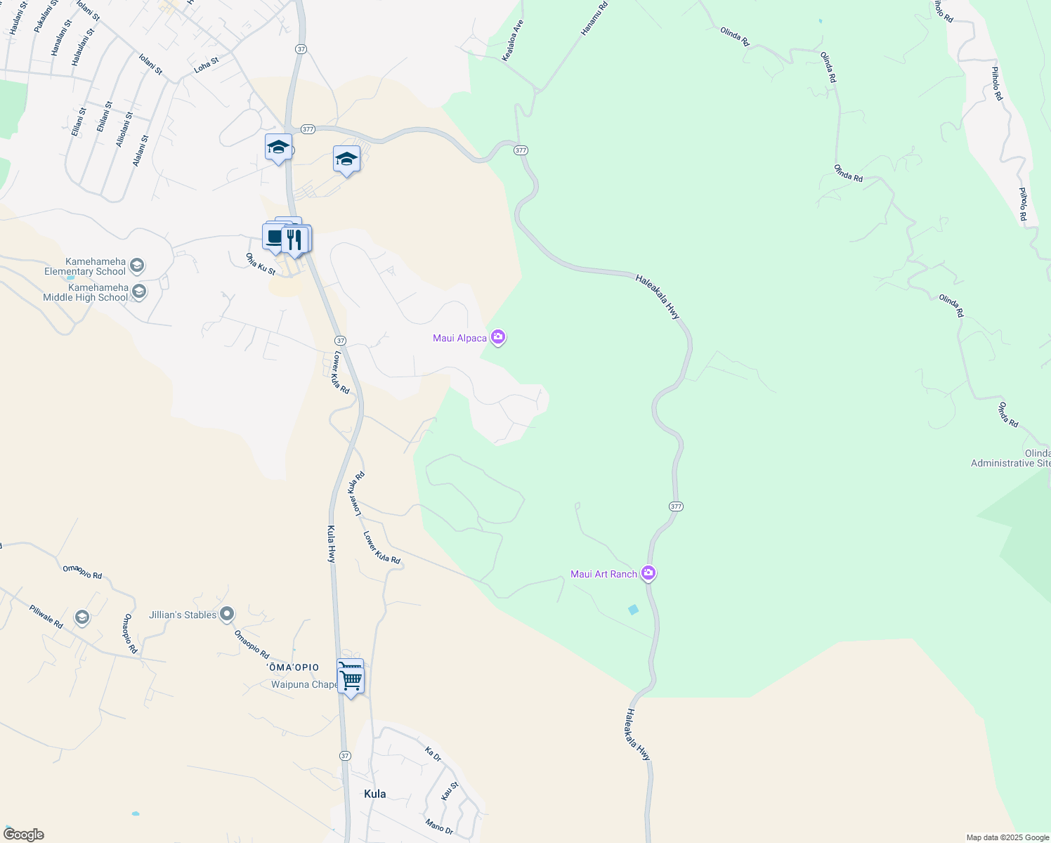 map of restaurants, bars, coffee shops, grocery stores, and more near 480 Hoopalua Drive in Makawao