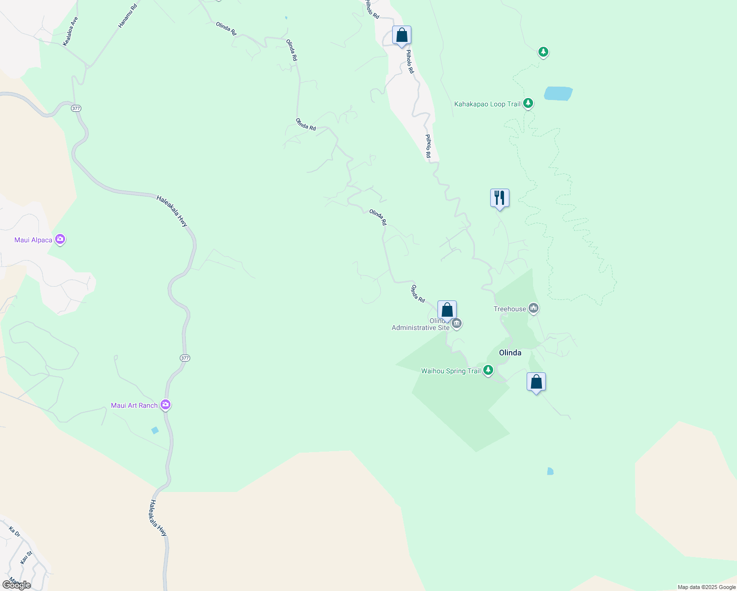 map of restaurants, bars, coffee shops, grocery stores, and more near 2000 Olinda Road in Makawao