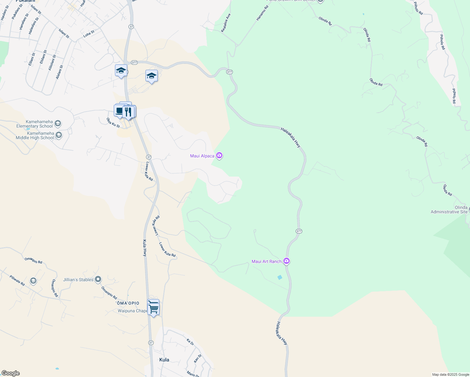 map of restaurants, bars, coffee shops, grocery stores, and more near 480 Hoopalua Drive in Makawao