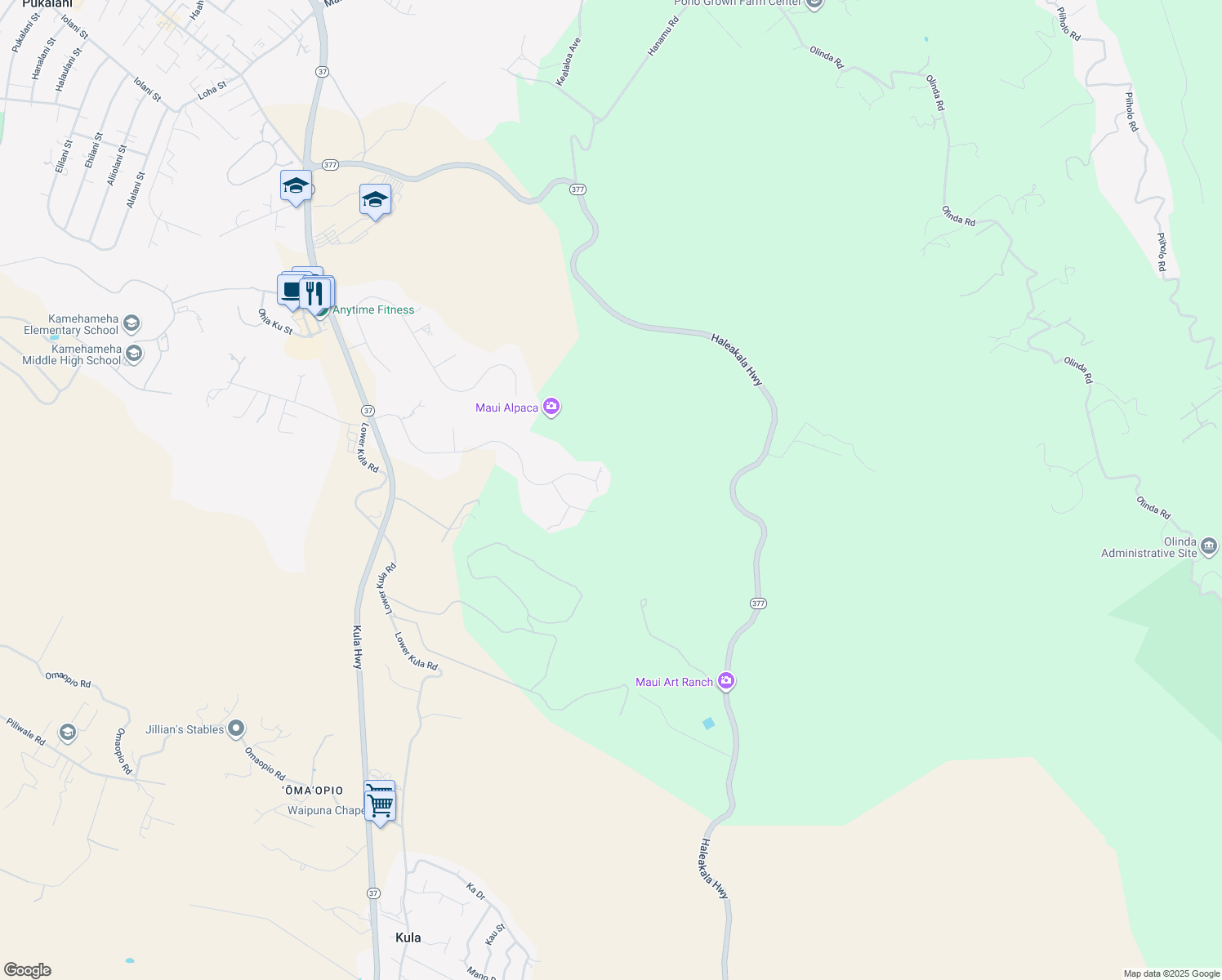 map of restaurants, bars, coffee shops, grocery stores, and more near 500 Hoopalua Drive in Makawao