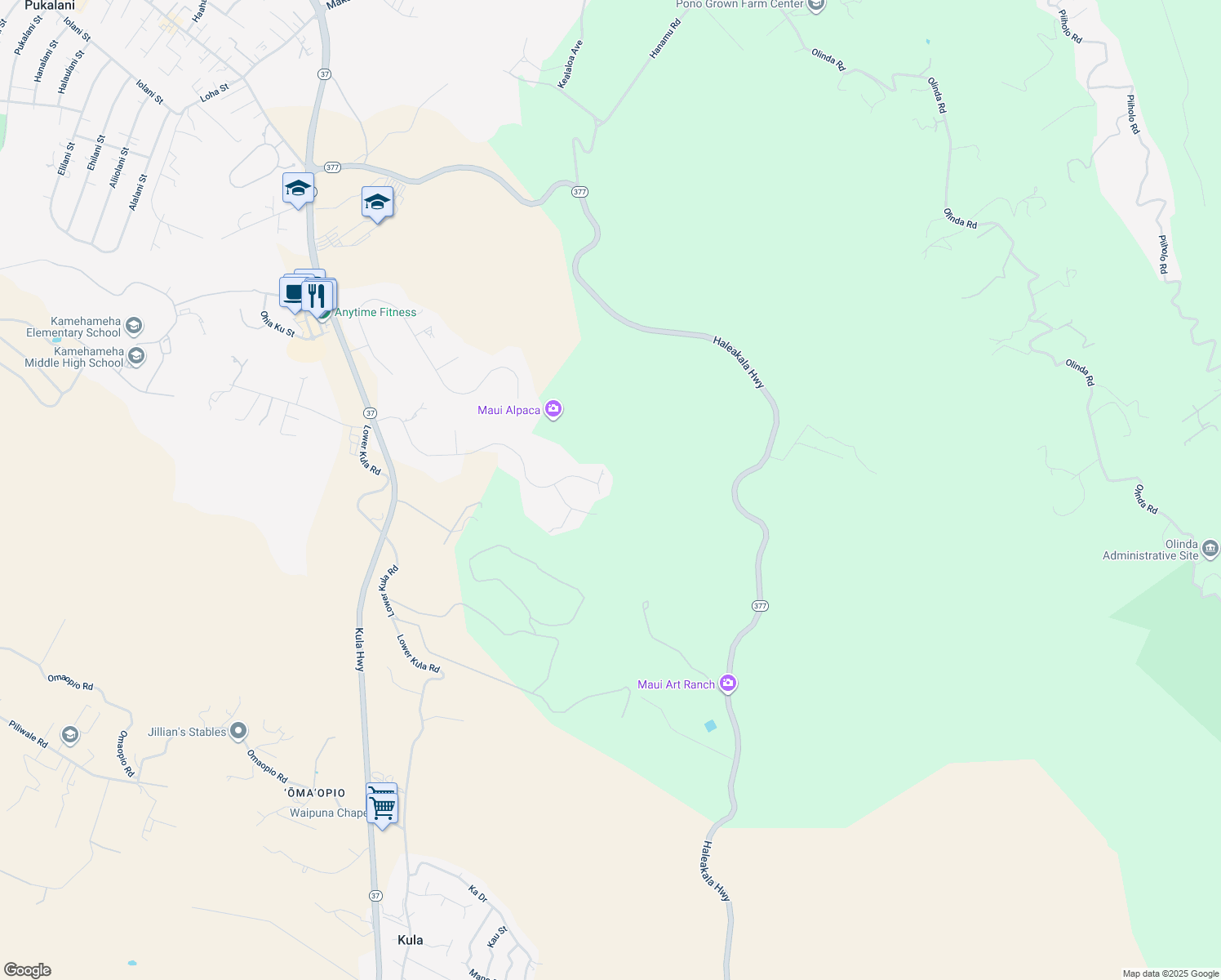 map of restaurants, bars, coffee shops, grocery stores, and more near 500 Hoopalua Drive in Makawao