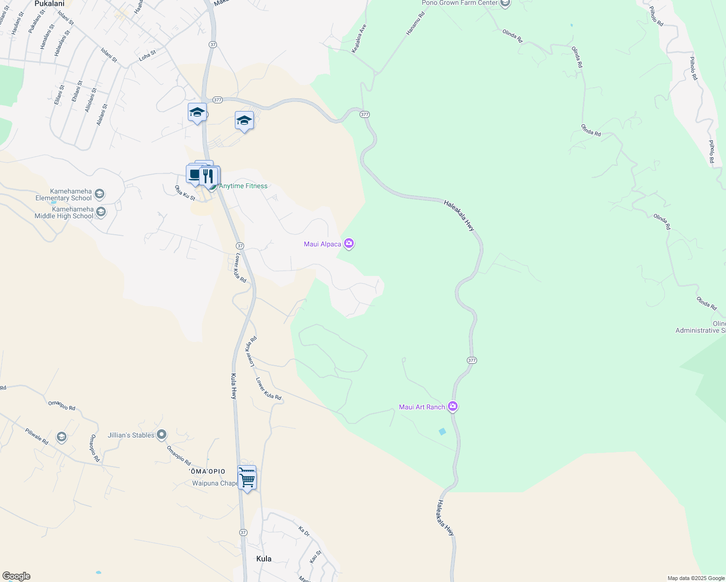 map of restaurants, bars, coffee shops, grocery stores, and more near 450 Hoopalua Drive in Makawao