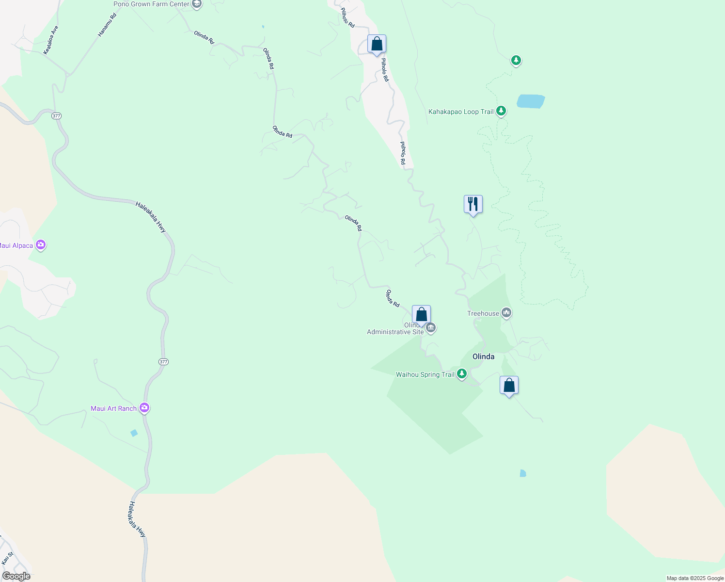 map of restaurants, bars, coffee shops, grocery stores, and more near 1990 Olinda Road in Makawao