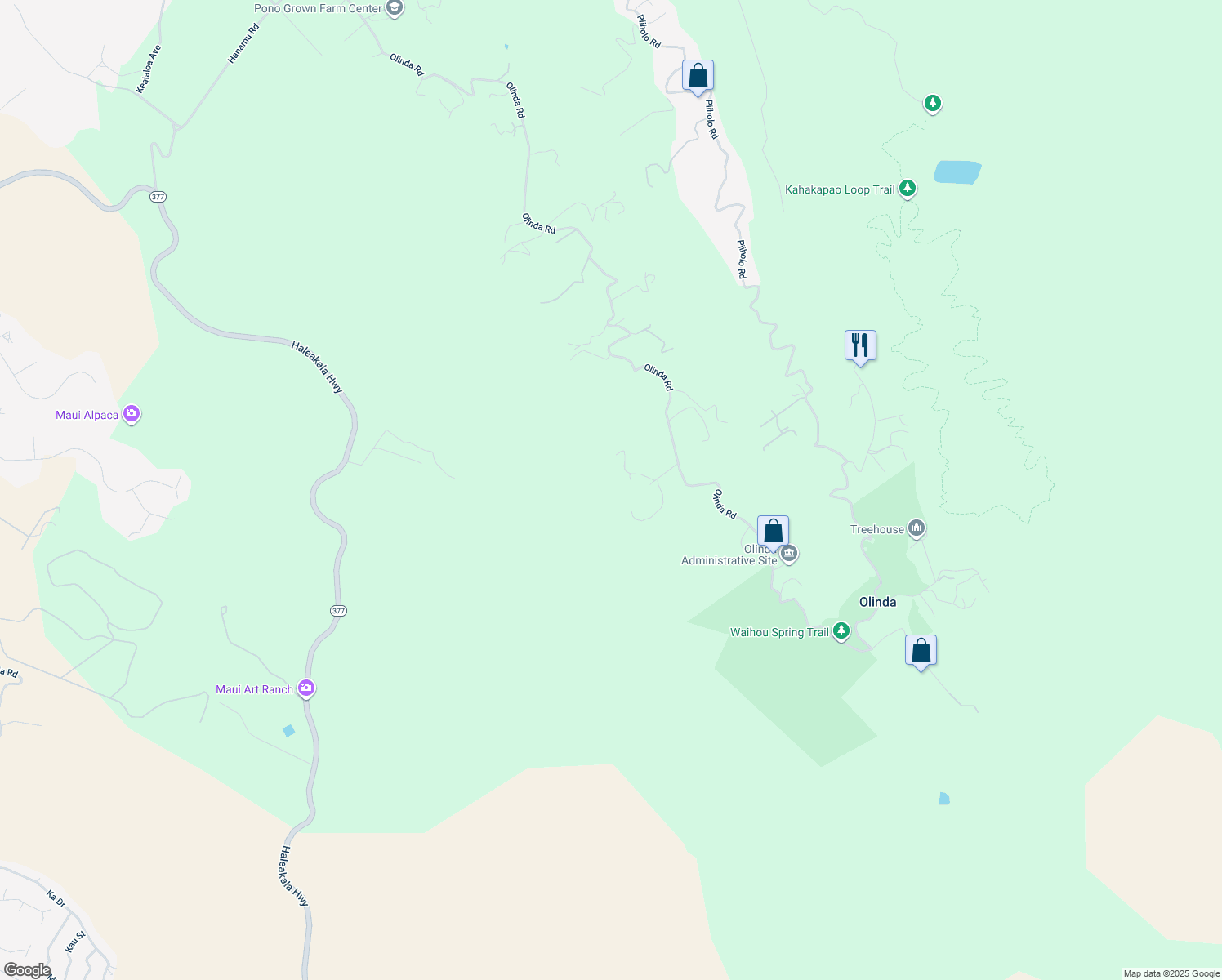 map of restaurants, bars, coffee shops, grocery stores, and more near 101 Makanoe Place in Makawao