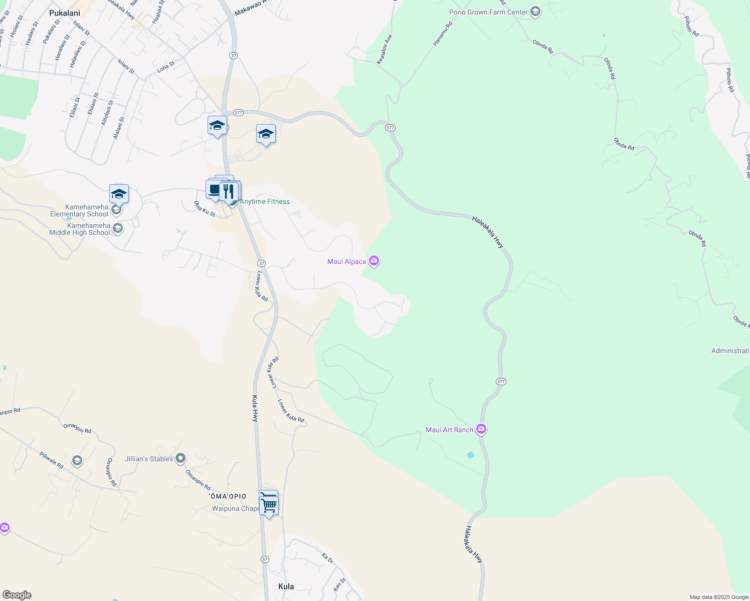 map of restaurants, bars, coffee shops, grocery stores, and more near 409 Hoopalua Drive in Makawao