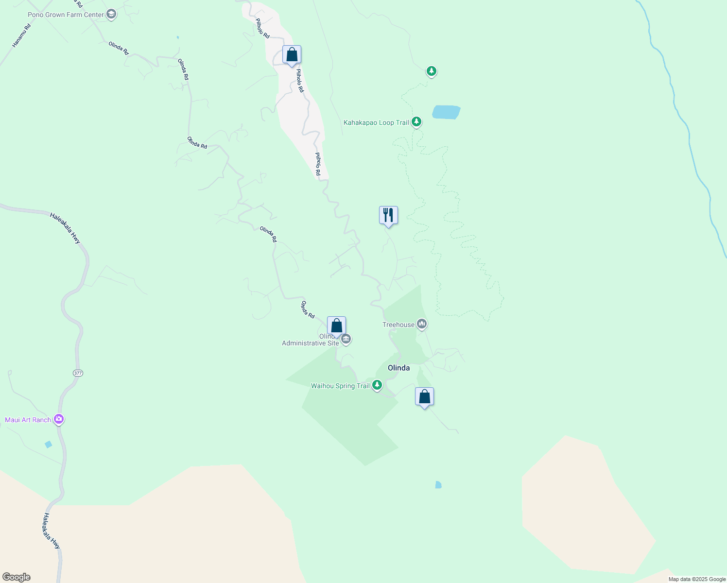 map of restaurants, bars, coffee shops, grocery stores, and more near 2350 Piiholo Road in Makawao