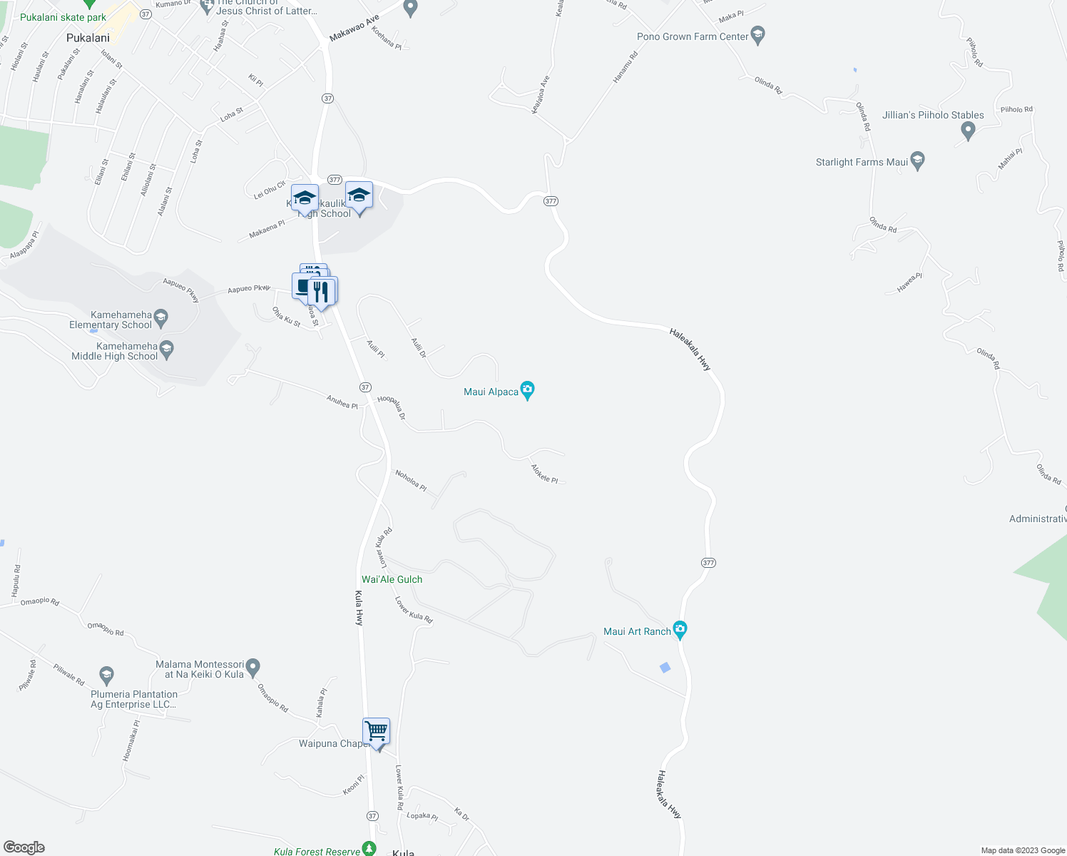 map of restaurants, bars, coffee shops, grocery stores, and more near 429 Hoopalua Drive in Makawao