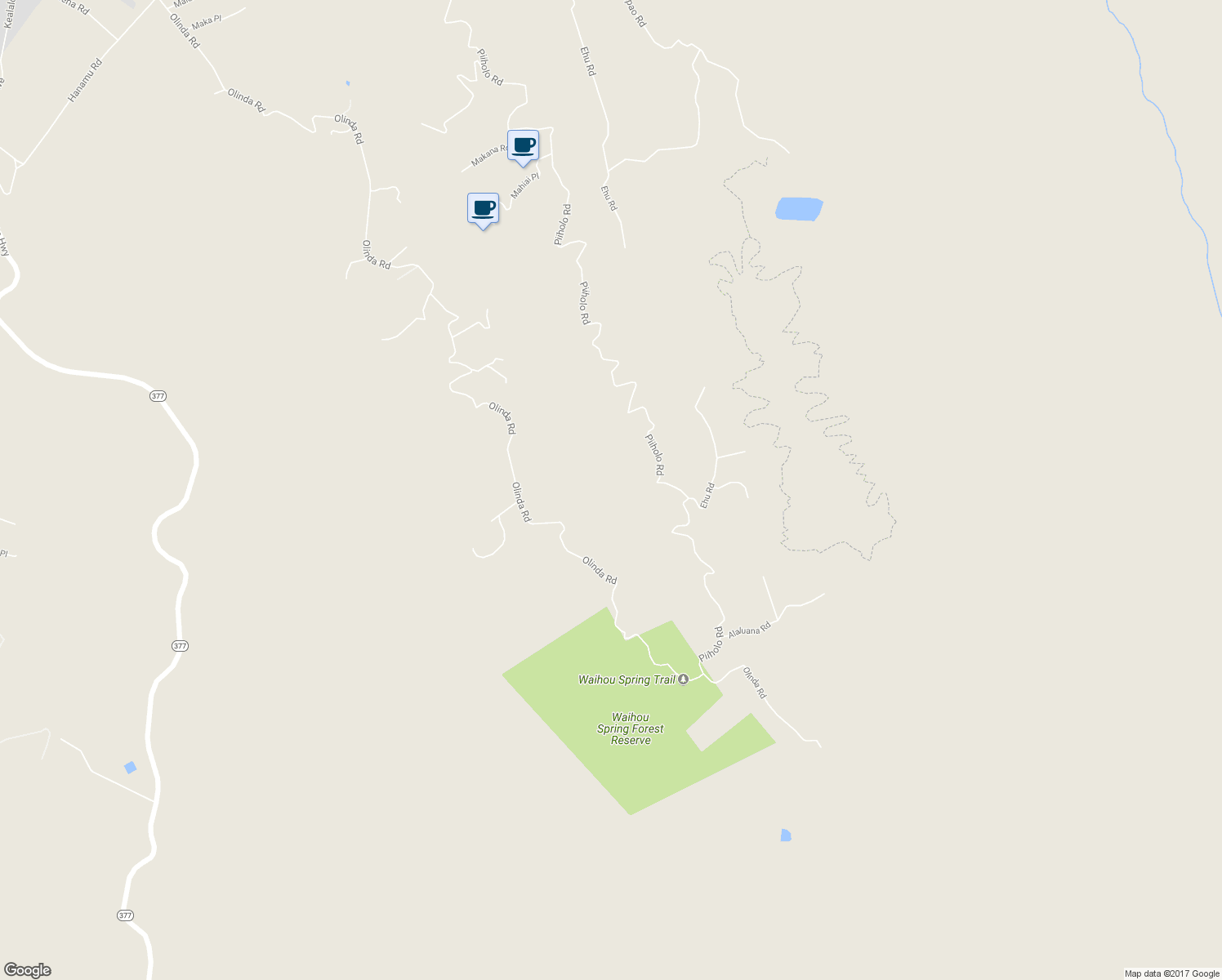 map of restaurants, bars, coffee shops, grocery stores, and more near 47 Naniuka Place in Makawao