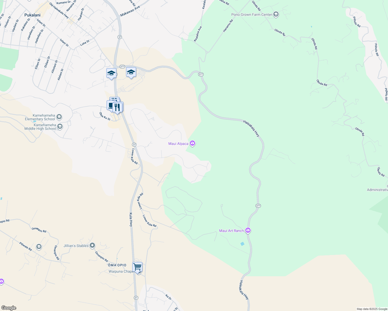 map of restaurants, bars, coffee shops, grocery stores, and more near 429 Hoopalua Drive in Makawao