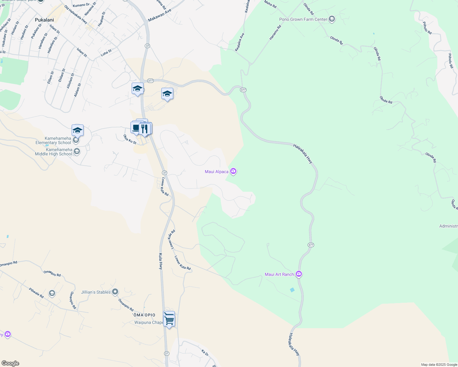 map of restaurants, bars, coffee shops, grocery stores, and more near 297 Hoopalua Drive in Makawao