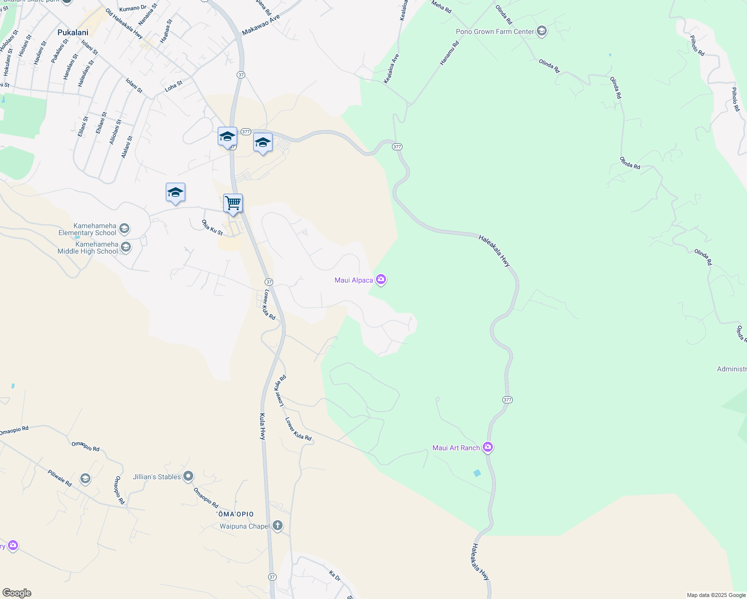 map of restaurants, bars, coffee shops, grocery stores, and more near 297 Hoopalua Drive in Makawao