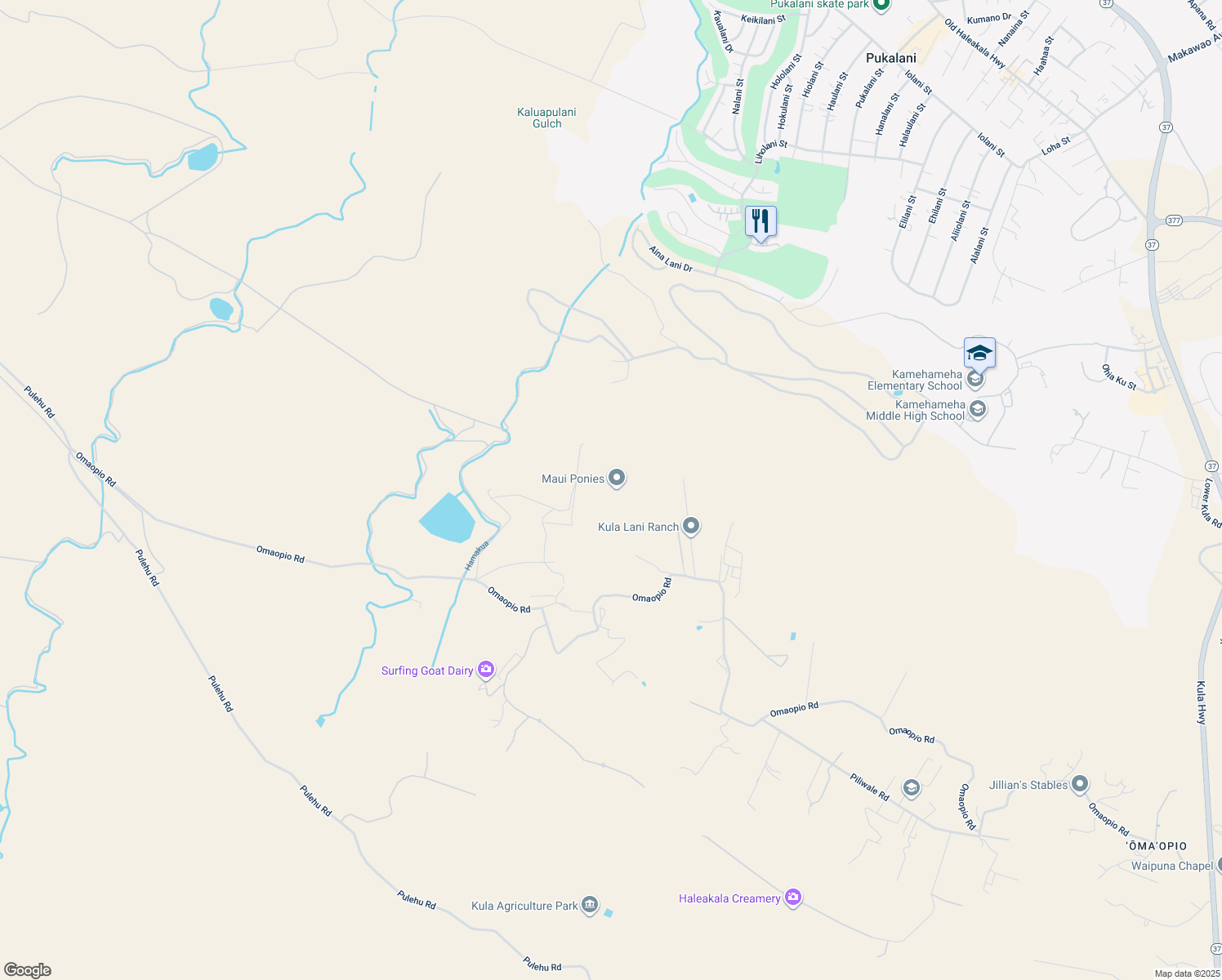 map of restaurants, bars, coffee shops, grocery stores, and more near 2900 Omaopio Road in Kula