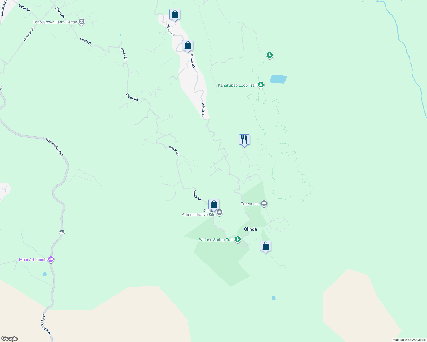 map of restaurants, bars, coffee shops, grocery stores, and more near 55 Naniuka Place in Makawao